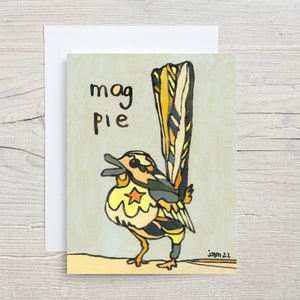 Tarjeta de felicitación de urraca, pájaro alegre colorido, feliz pensamiento en blanco de ti, hermoso saludo artístico abstracto, audobon
