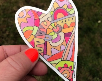 Pink/Yellow Doodle Heart Sticker, Valentine's Day Gift, Cute Fun Colorful Flowers Art by Jennifer Mercede