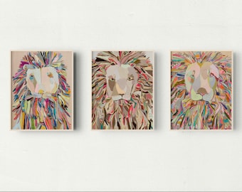 Set of 3 Lion Paper Prints, Nursery Colorful Maximalist Decor, 11x14in, Kids Bedroom Art Above Bed, Leo Zodiac, Modern Jungle Collection
