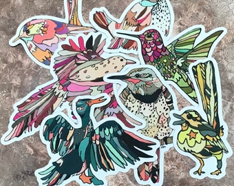 Set 0f Seven Bird Stickers, Bird Lover Gift, Cute Fun Colorful Art, Sticker Pack Collection, Unique Doodled Pretty Artistic Decal