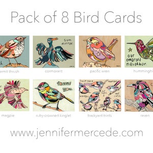 Paquete de 8 tarjetas de felicitación con diseño de pájaros, coloridas, alegres, felices, en blanco, pensando en ti, hermosas tarjetas de felicitación artísticas abstractas, colibrí, reyezuelo, urraca