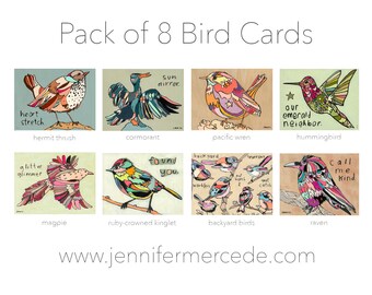 Bird Greeting Card Pack of 8, Colorful Cheerful, Happy Blank Thinking of You, Abstract Artistic Beautiful Greeting, Hummingbird Wren Magpie