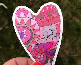 Pink/ Purple Doodle Heart Sticker, Valentine's Day Gift, Cute Fun Colorful Flowers Art by Jennifer Mercede