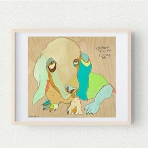 May include: A colorful illustration of a dog with the text "Oh thank you for loving me". The dog is drawn in a cartoon style with a light blue, green, and yellow color scheme.