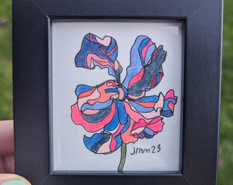 ORIGINAL Tiny Cute Colorful Floral Drawing / Painting, Small Framed Art, Sweet Unique Gift for Gardener, Flower Lover