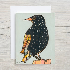 Tarjeta de felicitación Starling, colorido pájaro alegre, feliz pensamiento en blanco en ti, hermoso saludo artístico abstracto, Audobon