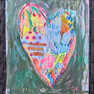 May include: A colorful abstract painting of a heart with the words "Be Your Own" inside. The heart is made up of different textures and patterns, including polka dots, stripes, and geometric shapes. The background is a dark green.