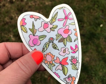 Floral Heart Sticker, Valentine's Day Gift, Cute Fun Colorful Flowers Art by Jennifer Mercede