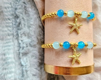 Delicada pulsera de estrella de mar con cuentas de vidrio - Relleno de oro de 14 k - 1 pieza - Pulsera de cuentas de vidrio hecha a mano