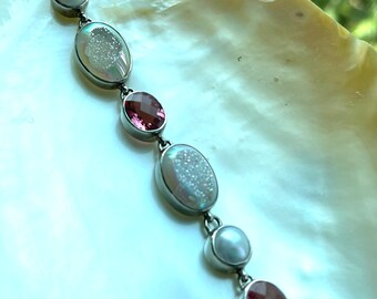 Pink Topaz, White Drusy, Pearls, Silver bracelet