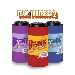 May include: Three insulated beverage cans with a cartoon design. The cans are purple, red, and blue. Each can has a radioactive symbol and the word "BONK" on it. The text on the cans reads "Crit-a-Cola", "Atomic Punch Cherry Fission", and "Atomic Punch Plutonium Berry".