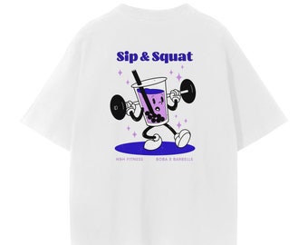 T-shirt de levage à épaules tombantes Boba Sip & Squat - Vêtements Bubble Tea - Chemise d'entraînement - T-shirt de sport graphique - Chemise lounge
