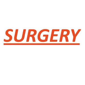 May include: The word "SURGERY" in orange, underlined, against a white background. The text is in a sans-serif font, with the letters evenly spaced. The underline is a thin, straight line.