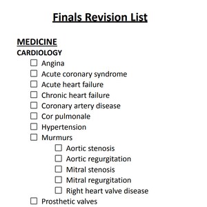 May include: A checklist of common cardiology conditions, including angina, acute coronary syndrome, acute heart failure, chronic heart failure, coronary artery disease, cor pulmonale, hypertension, murmurs, aortic stenosis, aortic regurgitation, mitral stenosis, mitral regurgitation, right heart valve disease, prosthetic valves, and atrial fibrillation.
