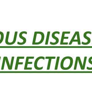 以下が含まれることがあります： 白の背景に、緑色の「INFECTIOUS DISEASE/ACUTE INFECTIONS」というテキストが下線付きで表示されています。テキストは中央に配置され、サンセリフフォントです。