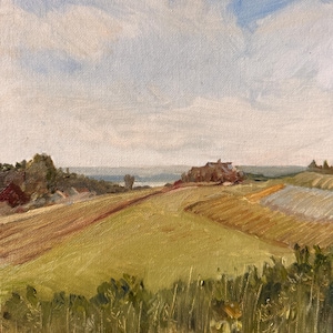 May include: An oil painting on canvas depicting a rural landscape with rolling green and brown fields, distant trees, and a house under a pale blue sky with white clouds. The artist's signature, Avery Dellinger, is visible in the bottom left corner.