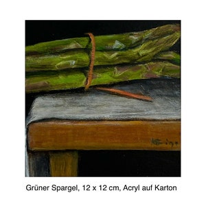 Espargos verdes, pintura acrílica sobre papelão, 12 x 12 cm, montagem sem ácido 25 x 25 cm, emoldurada