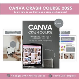 Puede incluir: Una portada de ebook Canva Crash Course 2025 con fondo gris y texto blanco. La portada presenta una pantalla de portátil que muestra un collage de imágenes. El texto de la portada dice "Canva Crash Course" y "¡Aprende a usar Canva como un principiante completo!" El ebook tiene 40 páginas con 6 vídeos tutoriales e incluye una plantilla de enlace de Canva.