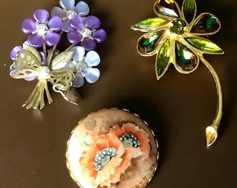 Vintage Floral Brooch: Purple Lucite Flowers, Jeweled Goldtone, Artist Signed Poppy ~ Choose a Style
