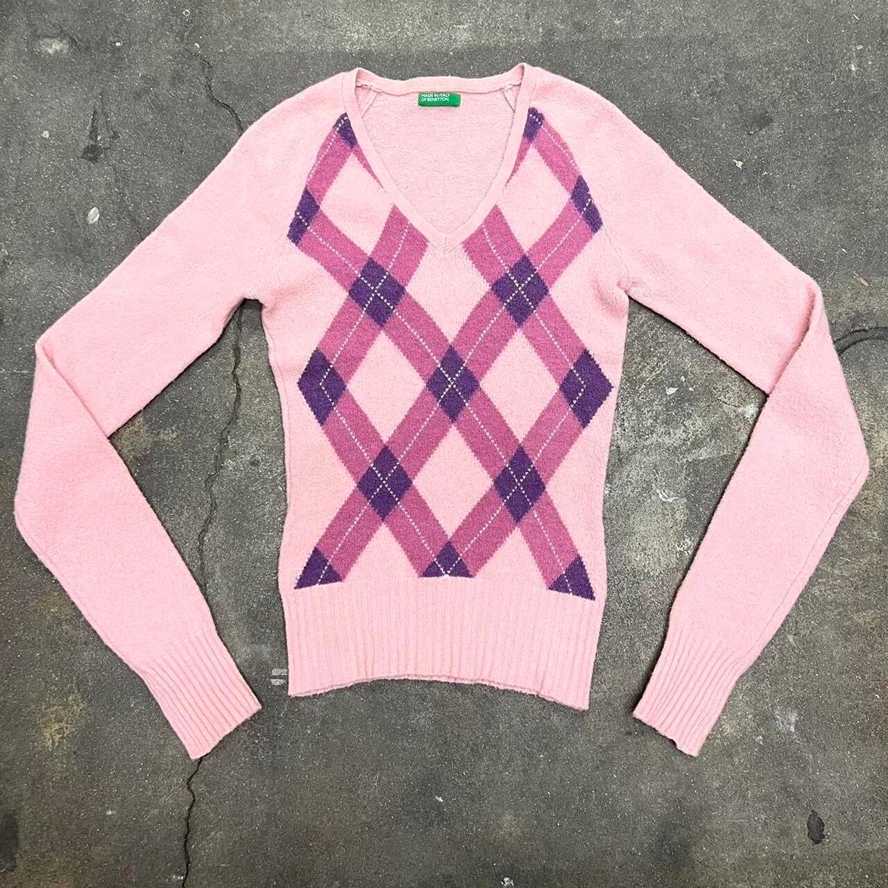 Robe Pull Vintage Benetton - Laine Motif Argyle Années 90 - Taille M - Parfait état