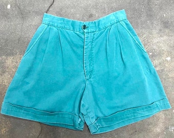 1950s high waist pleated cuffed teal cotton short shorts size 25” waist