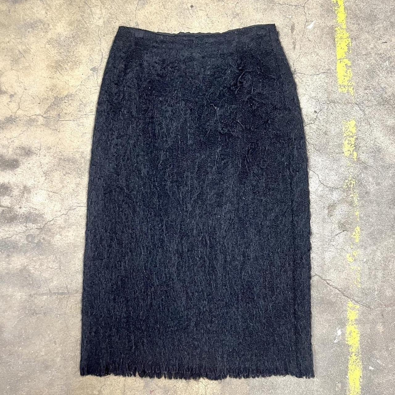 1990s BCBG Maxazria black mohair high waist fringe trim pencil skirt 26” waist