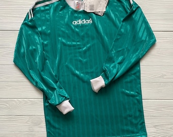 Camiseta de fútbol vintage Adidas Originals de los años 90, camiseta de fútbol verde de manga larga para hombre, talla S pequeña
