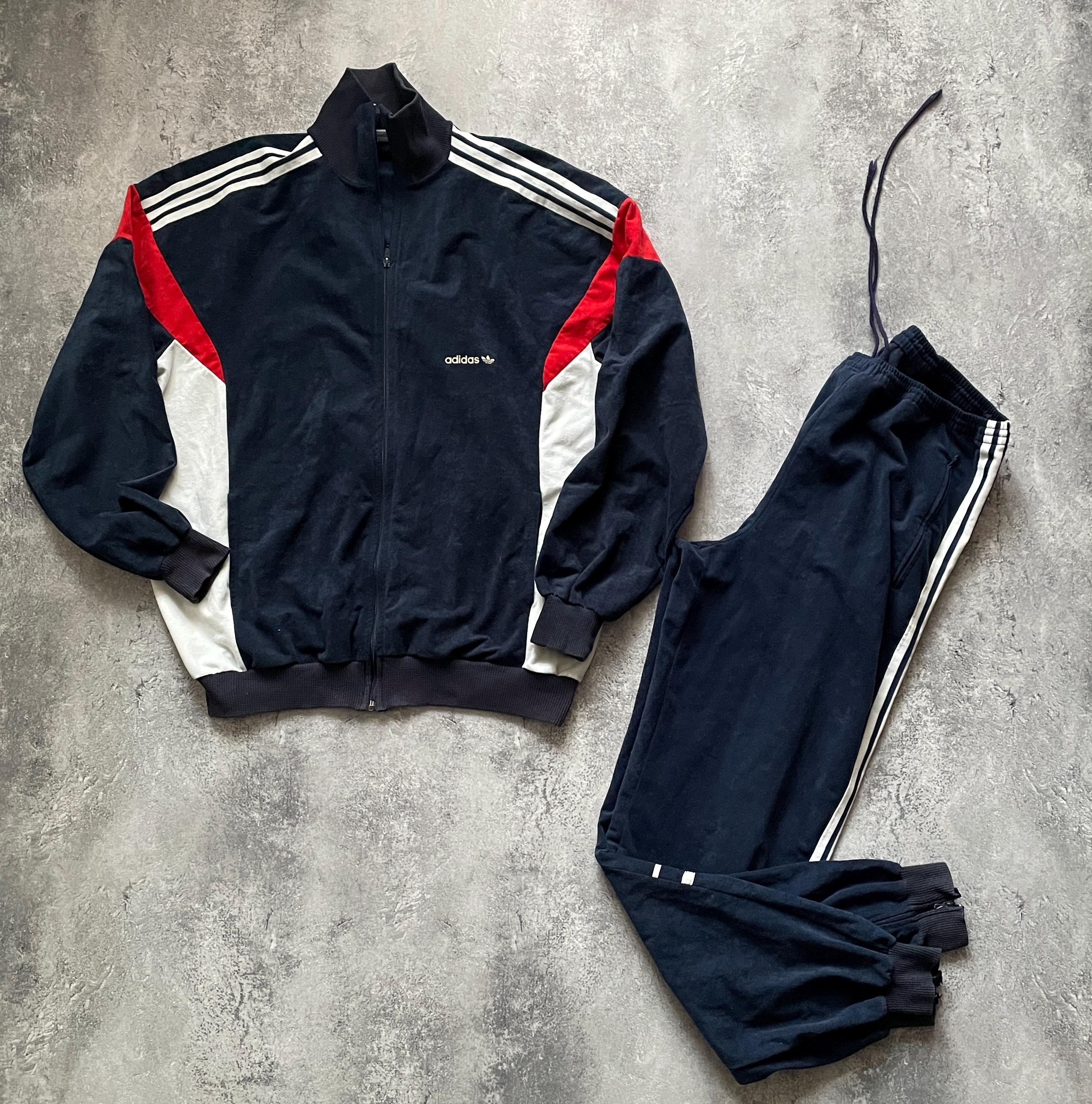Vintage 70s 80s Adidas Velour Tracksuit Jacket Pants (size XL) D8