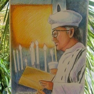 Judaica Jewish Art Cantor in Synagogue Yom Kippur Original Painting in Frame image 1