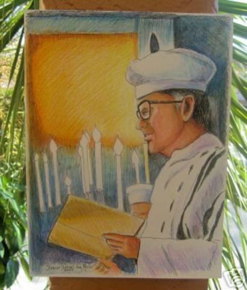 Judaica Jewish Art Cantor in Synagogue Yom Kippur Original Painting in Frame image 1