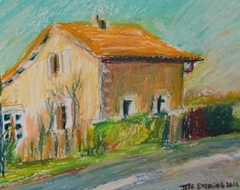 Country Village  Farmhouse near Poitiers France. Original Oil Pastel in Frame