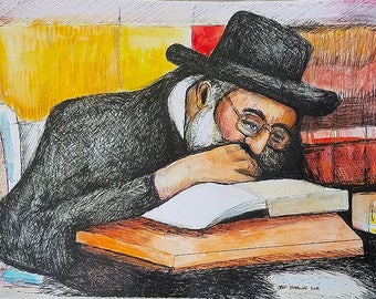 Judaic Jewish Art - Rabbi in His Study - Original Painting in Picture Frame