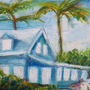 Bahama Islands Blue Vacation House 100% Original Painting in Picture Frame by Miami Artist Jeff Sterling image 1