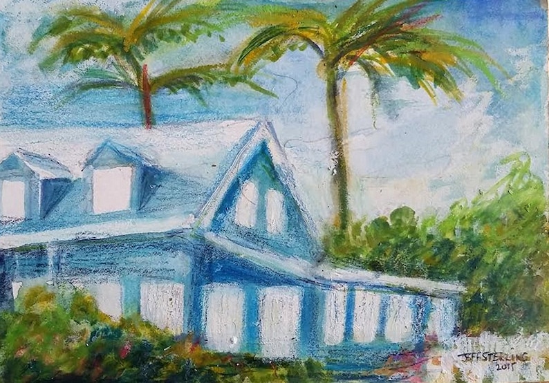 Bahama Islands Blue Vacation House 100% Original Painting in Picture Frame by Miami Artist Jeff Sterling image 1