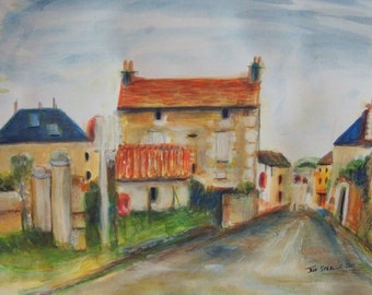 France Cityscape Village Main Street- Original Painting in Frame by Greeting Card Artist Illustrator Jeff Sterling