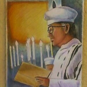 Judaica Jewish Art Cantor in Synagogue Yom Kippur Original Painting in Frame image 2