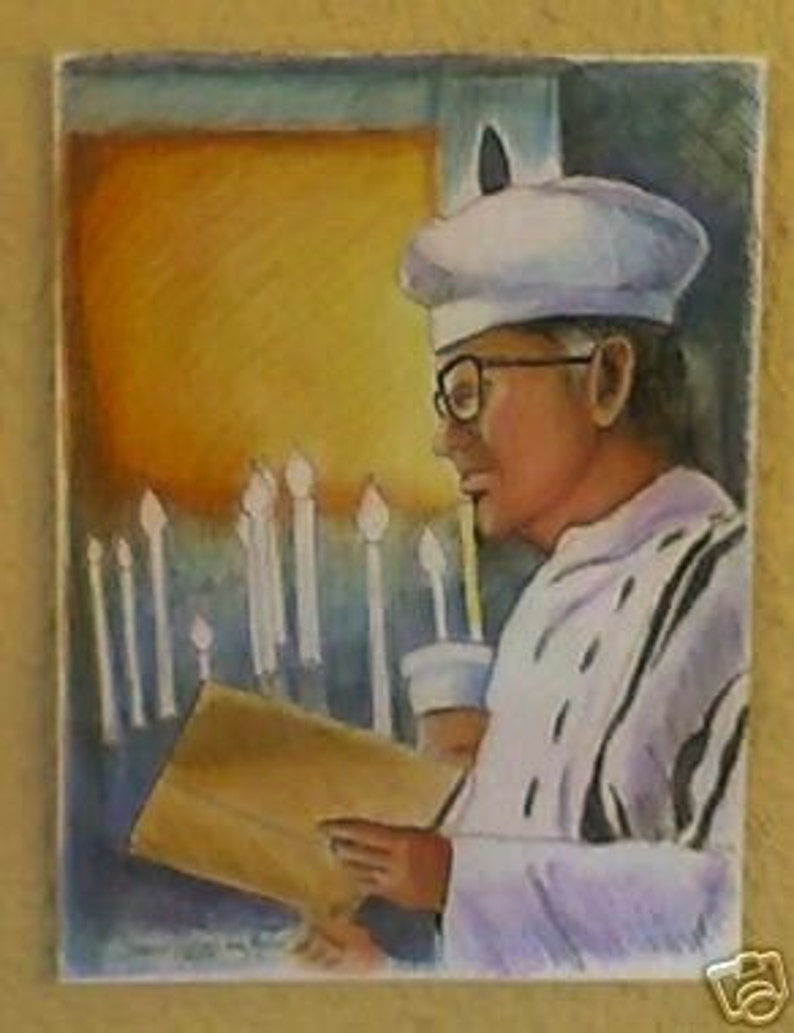 Judaica Jewish Art Cantor in Synagogue Yom Kippur Original Painting in Frame image 2