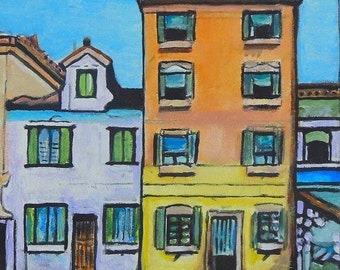 Cityscape of Colorful Canal Houses in Burano Italy Island Near Venice Original Painting Ready to Hang by Jeff Sterling