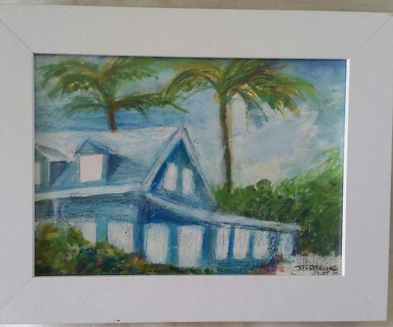 Bahama Islands Blue Vacation House 100% Original Painting in Picture Frame by Miami Artist Jeff Sterling image 2