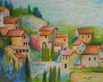 Italian Veneto Hill Village.Original  Landscape Art Painting in Frame.