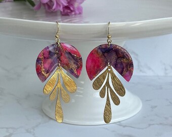 Bright statement earrings | Pink, Purple, Gold marble | Polymer clay earrings | Summer earrings | Gold plated stainless steel | Dangle drop