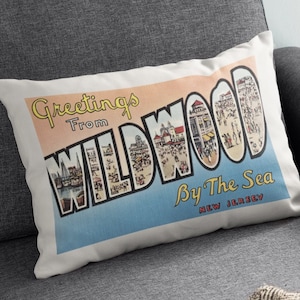 Wildwood NJ Postcard Pillow – 12x16 Lumbar Throw – Vintage Beach Decor – Jersey Shore Gift – Wildwood Vacation Keepsake - Wildwood Realtor