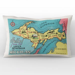 Upper Peninsula Michigan Vintage Postcard Pillow – 12x18 Map Throw Pillow, UP Lake Superior Decor, Retro Travel Gift, UP Realtor Gift