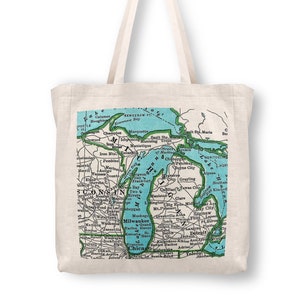 Michigan Map Tote Bag Market Tote Bag Michigan Vacation Tote Beach Bag Reusable Canvas Tote Book Bag Michigan Trip Vintage Michigan Postcard