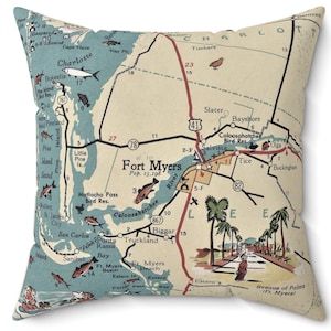 Ft. Myers Florida Map Pillow – 18x18 Coastal Throw Pillow – Vintage Florida Decor – Gulf Coast Housewarming Gift - Coastal Map Pillow
