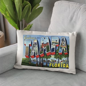 Tampa Florida Postcard Pillow - Tampa Pillow - Tampa Housewarming Gift - Tampa Airbnb - Tampa Decor - Tampa Closing Gift - Tampa Realtor