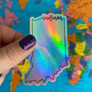 Indiana Vinyl Sticker – Choose Holographic State, Retro Postcard, or Groovy Text | 3" Waterproof Decal for Laptop, Water Bottle & More