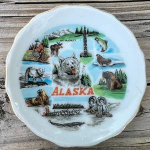 Vintage Alaska Mini Souvenir Plate | Wildlife & Totem Pole Collector Dish | Ceramic Travel Keepsake | Antique Alaska Travel Souvenir
