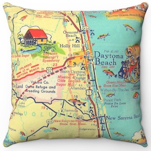 Daytona Beach Map Pillow – Vintage Florida Throw Pillow, Coastal Home Decor Cushion, Nautical Chart, 18x18 Cover or Insert, Beach House Gift