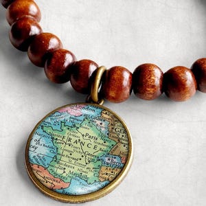 France Map Bracelet – Vintage Map Charm with Wood or Turquoise Beads, Paris Travel Gift, French Keepsake, Handmade Stretch Bracelet